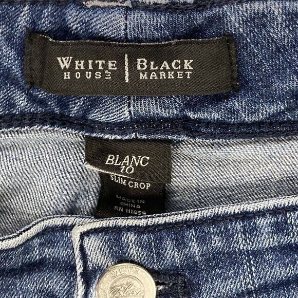 White House Black Market Jeans 10 Blue Blanc Rhinestone Beads Slim Crop Denim - Picture 12 of 13